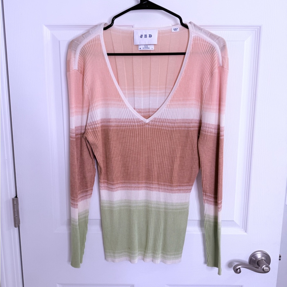 JED Ribbed Silk Fitted Sweater Sz Medium - Pink Seam Colorblock Knit Lightweight